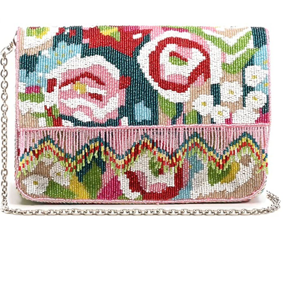 America & Beyond Geo Floral Beaded Fringe Bag Floral Handbag Purse Pink Blue NEW